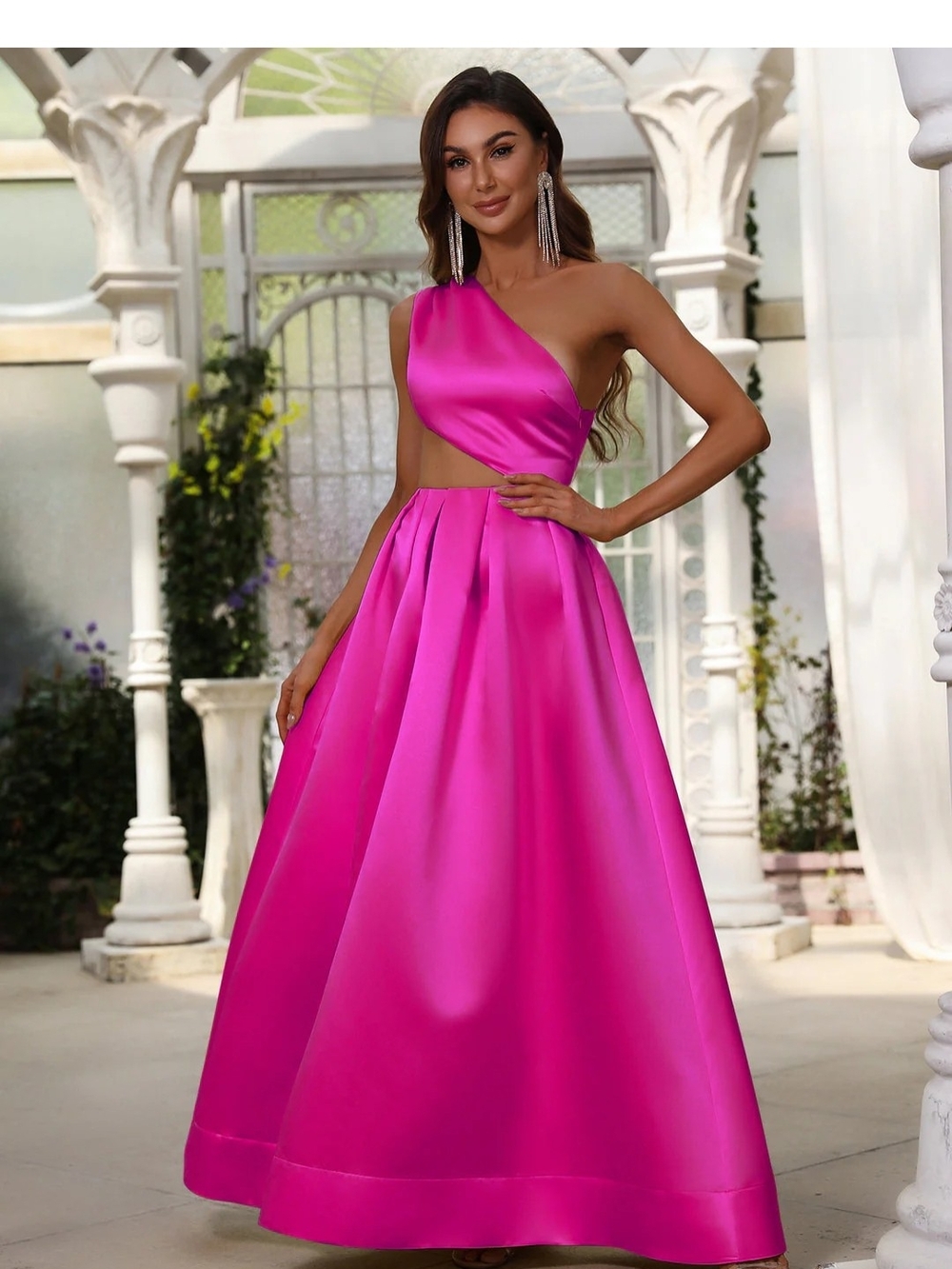 NWOT One-Shoulder Fuchsia Formal Gown with Cutout Waist